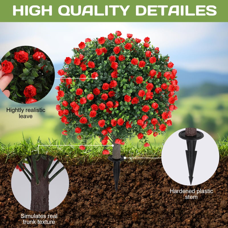 Jasmpig Artificial Red Rose Topiary Ball Tree 25" with Ground Spike, Set of 2 Artificial Boxwood Bushes for Faux Shrubs, Fake Evergreen Faux Plant for Indoor Outdoor Porch Garden -UV Resistantâ€“Fade-Proof - Image 3