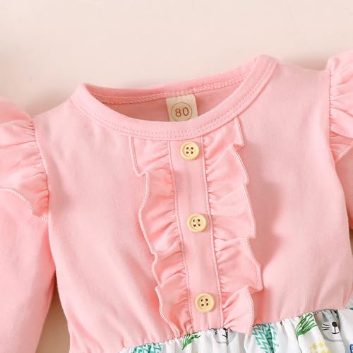 Ptomurs Toddler Baby Girl Easter Outfits Ruffle Long Sleeve Bunny Print One-Piece Dress Rabbit Skirt (US, Age, 12 Months, 18 Months, Pink) - Image 5
