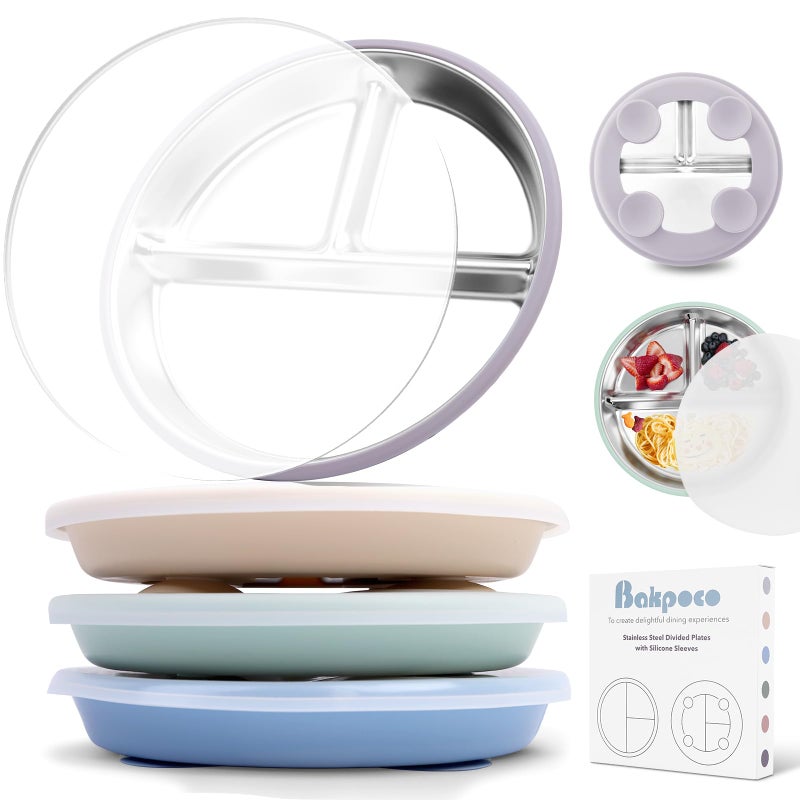 Bakpoco Stainless Steel Toddler Suction Plate with Lid, Deepened 9" Divided Plates with Removable Silicone Sleeves for Kids, Non Toxic Unbreakable Snack Dishes Set of 4, Sage Blue Beige Lilac - Image 1