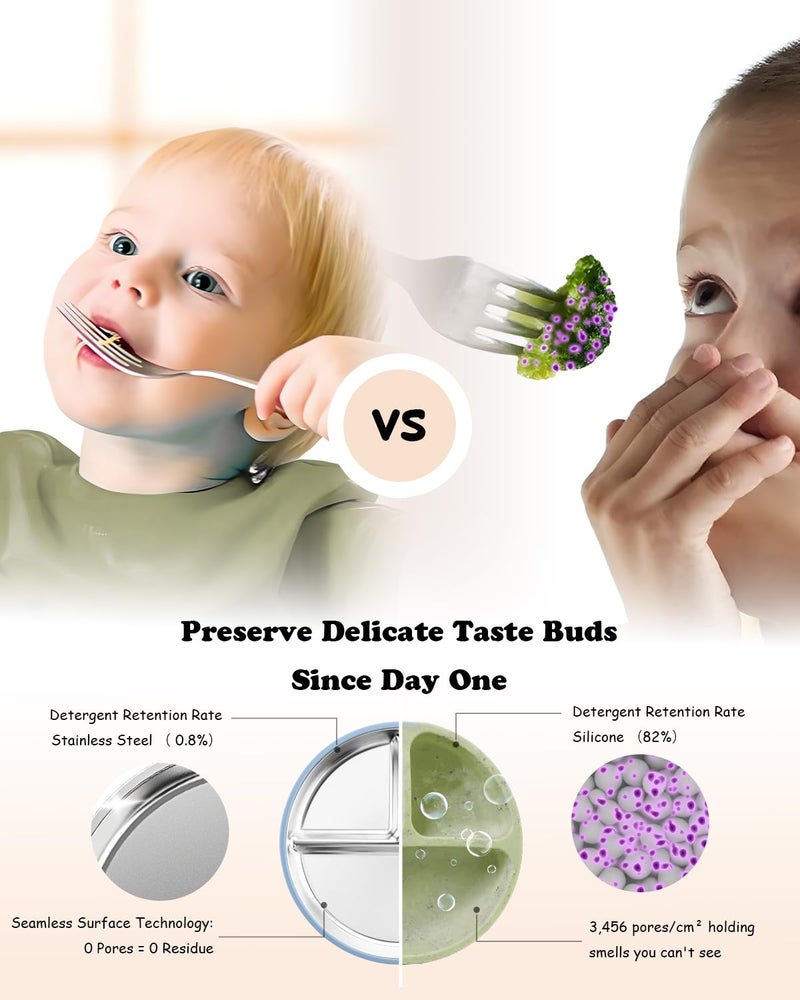 Bakpoco Stainless Steel Toddler Suction Plate with Lid, Deepened 9" Divided Plates with Removable Silicone Sleeves for Kids, Non Toxic Unbreakable Snack Dishes Set of 4, Sage Blue Beige Lilac - Image 4