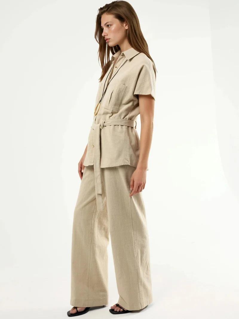 Qustyle QU STYLE Belted Mid Waist Wide Leg Two-Piece Co-ord Set