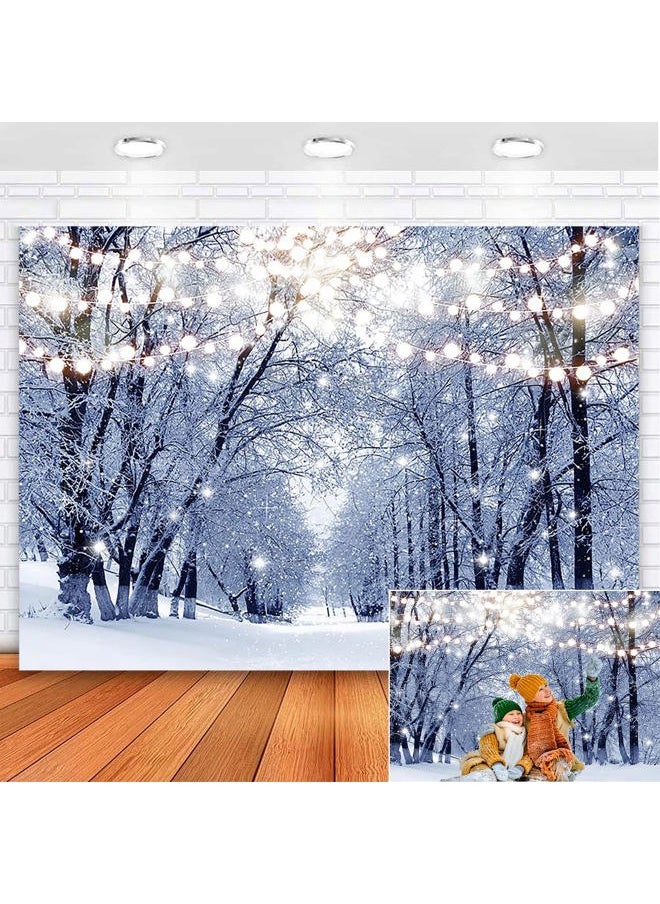 Mocsicka Winter Snow Scene Backdrop Snow Forest Family Party Decoration Glitter Lights Snowfall Bokeh Winter Frozen for Kids Portrait Photo Booth Props (7x5ft)  - Image 1