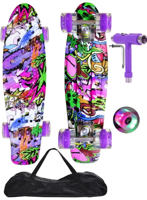 22" Pany Skateboard PU Flash Wheels Fish Shape With Carry Bag & Tool, MultiPurple