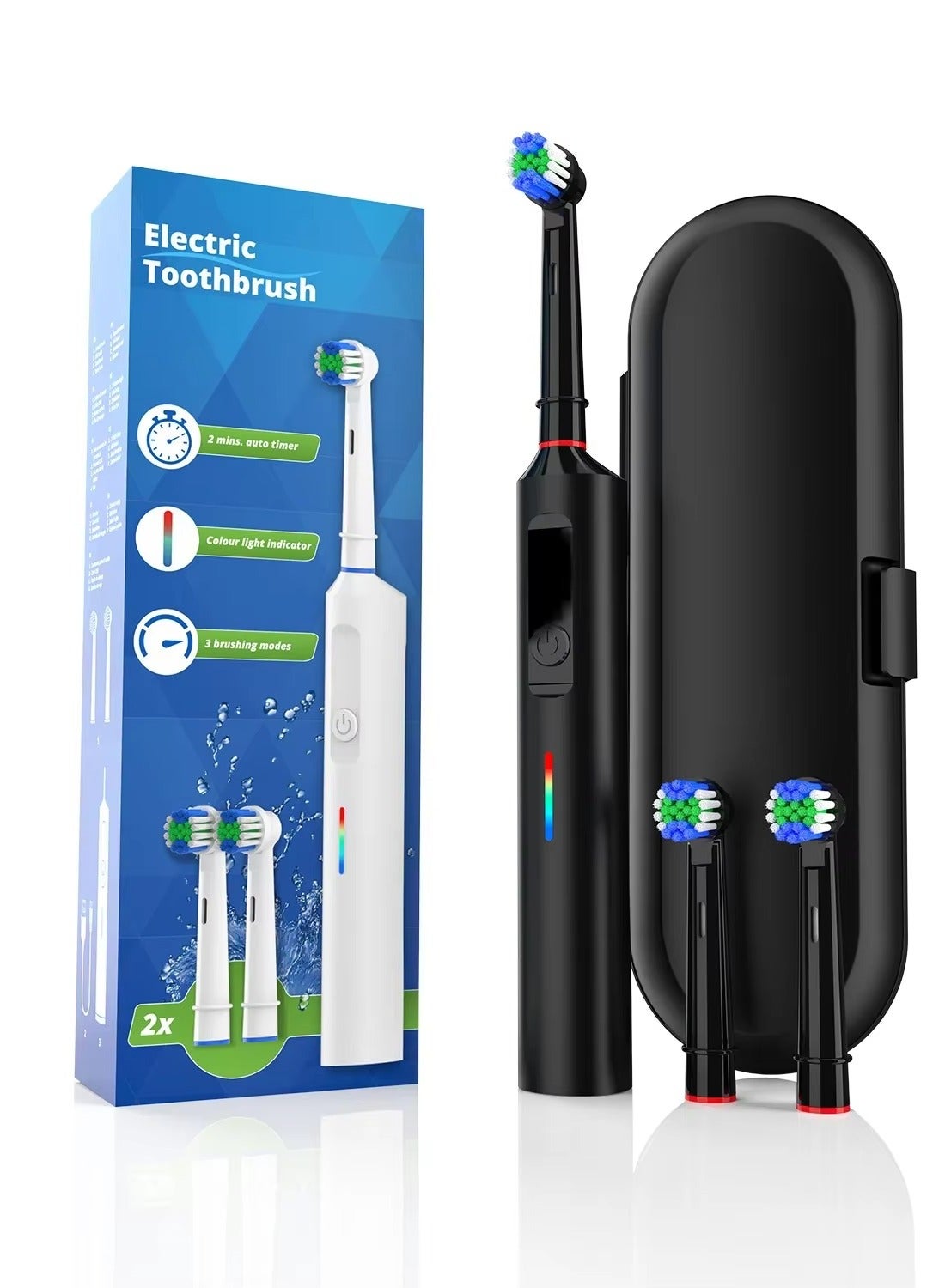 Rotating Electric Toothbrush, 3 Modes Rechargeable with USB-C, Smart Timer, Travel Case & 2 Brush Heads, Compatible with Oral B Replacement Heads