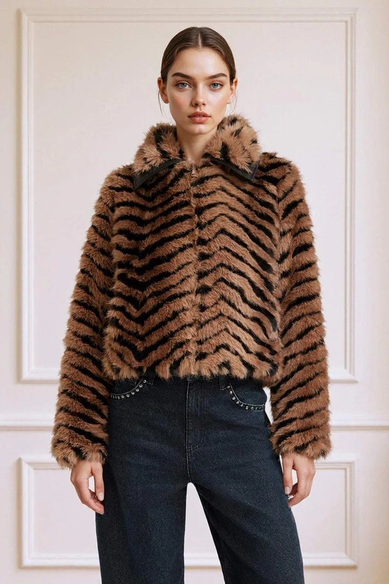ديفاكتو Regular Fit Zippered Short Faux Fur Jacket