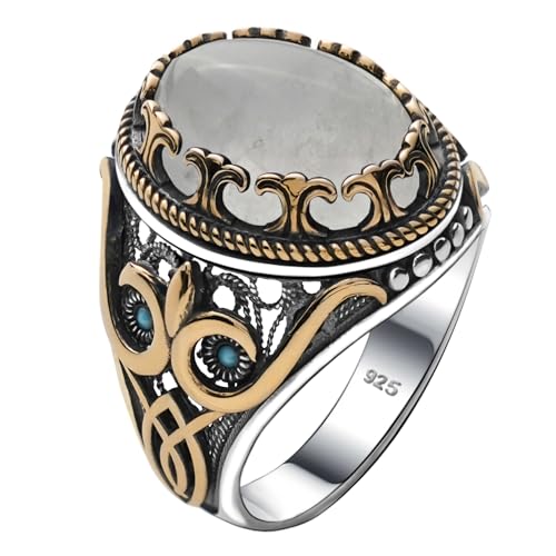Babylon Silver Men's Natural White Quartz Oval Ring in Genuine Solid 925 Sterling Silver Accented with Bronze, Authentic Vintage Turkish Ottoman Style (Quartz, 7) - Image 1