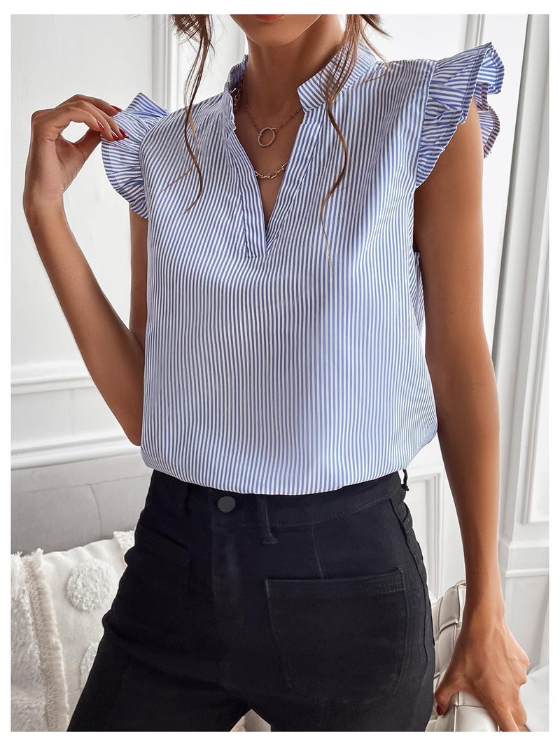 Floerns Women's Striped Ruffle Cap Sleeve Tops Summer Blouse Tops V Neck Business Causal Outfits for 2025 - Image 4