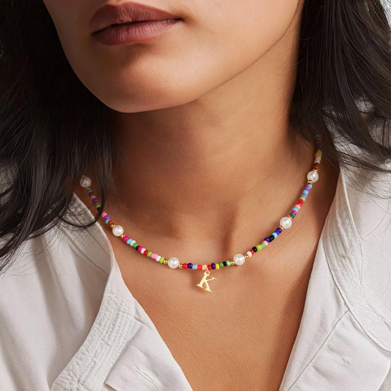 M MOOHAM Easter Gifts for Kids Teen Girls Easter Basket Stuffers - Colorful Initial Necklaces for Women Tween Teenage Girls Kids Jewelry, Letter A Beaded Pearl Choker Necklace Teen Girl Gifts Trendy - Image 2