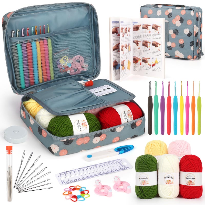 Aeelike Crochet Kit for Beginners with Yarn and Introduction Book, Crochet Starter Kit Everything Included, Learn to Crochet Kit with Ergonomic Soft Grip Crochet Hooks and Blue Flower Bag - Image 1