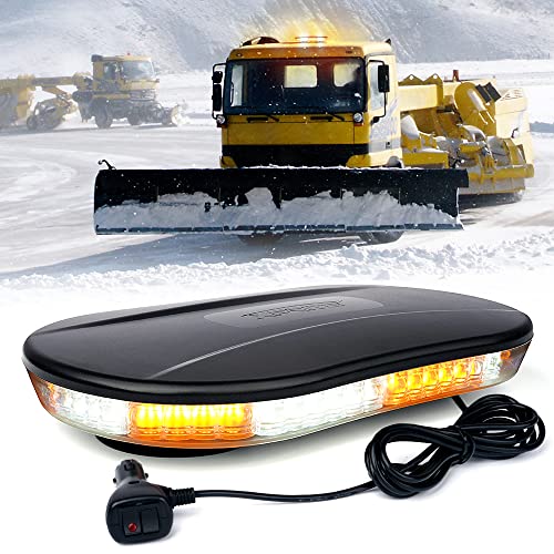 Xprite COB LED Rooftop Strobe Beacon Lights Bar, Warning Caution Snowplow Light 19 Flashing Patterns w/Magnetic Base for Emergency Construction Vehicles Tow Trucks Postal Mail Van - White&Amber - Image 1