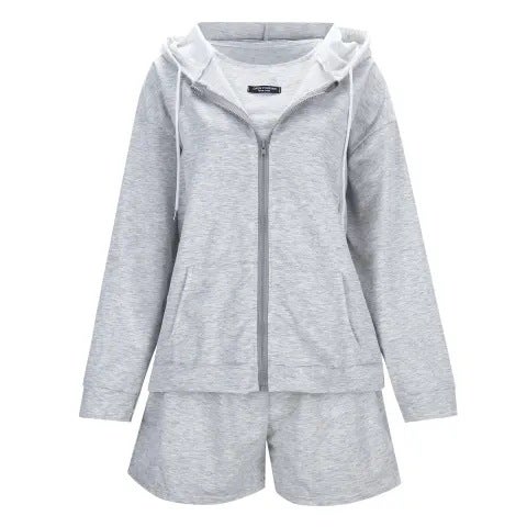 Spring and summer 2024 cross-border fashion leisure age-reducing fitness running sweater shorts three-piece sports style suit women Light gray  - Image 1