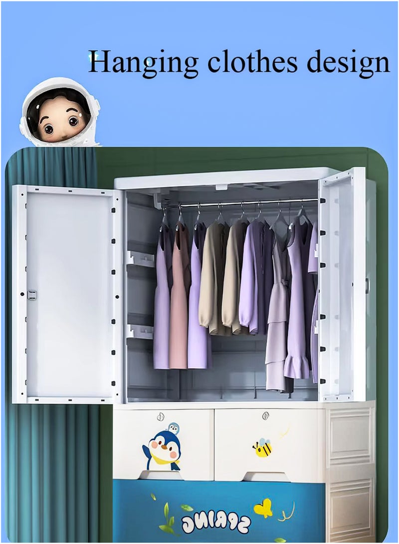 Toshionics Portable Kids Large Wardrobe Closet with 2 Doors Collapsible Plastic Baby Armoire Storage Cabinet with Hanging Rod And 3 Drawers Children Clothes Storage Box Container Cabinet Organizer Toddler Dresser Quick Install For Bedrooms, Playrooms, Nursery and Multipurpose Use With Cartoon Characters - Image 2