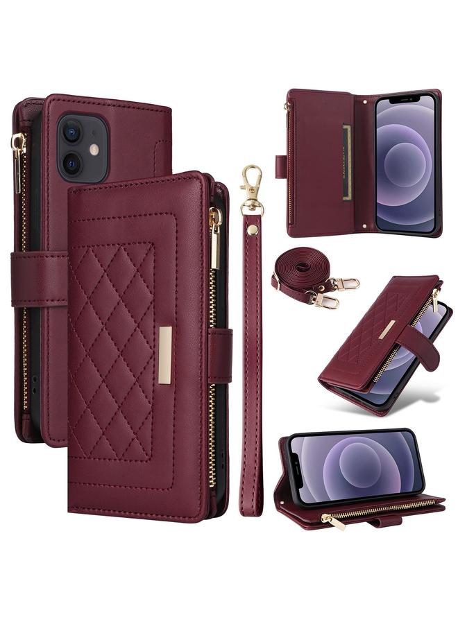 زبون جراب هاتف iPhone 11 Crossbody بسحاب محفظة جلد على شكل معين - Image 1