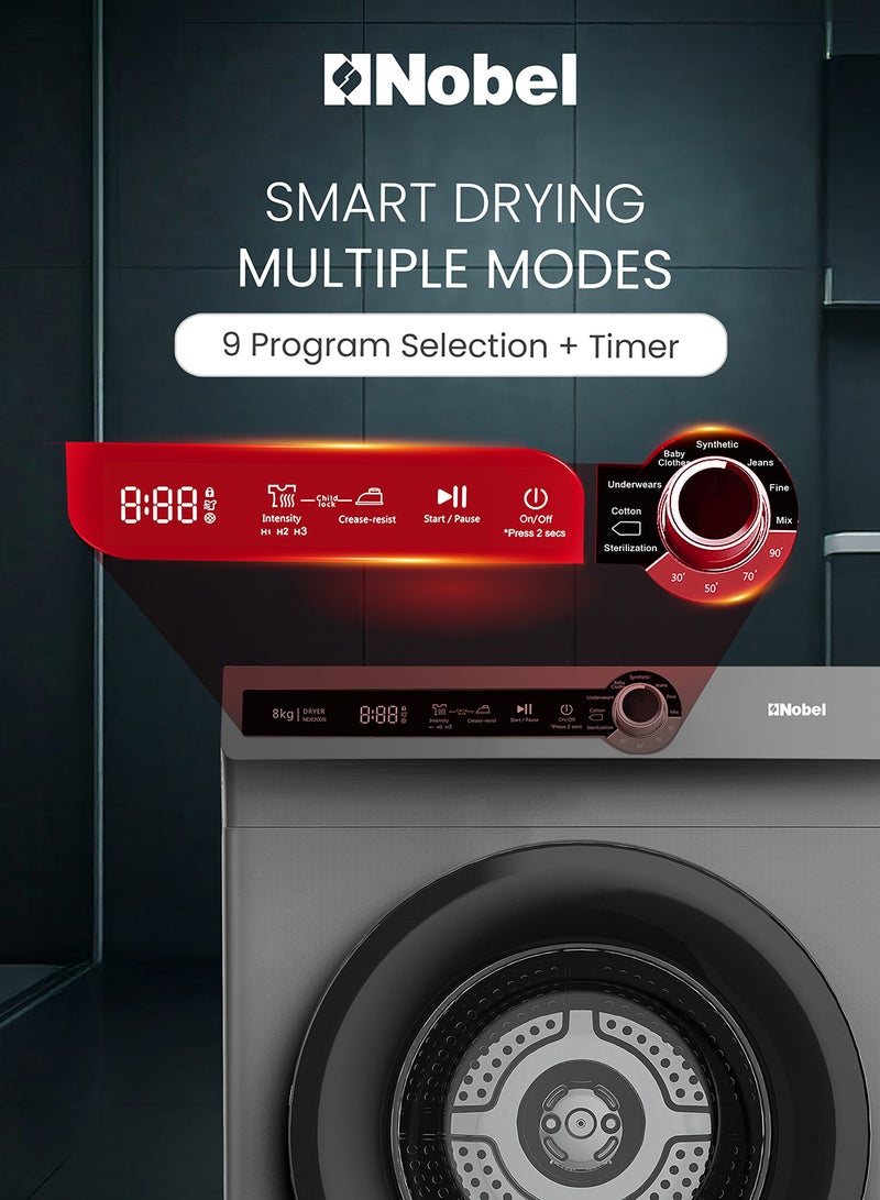 Nobel 8kg Vented Clothes Dryer LED Display, 8 Programs, Water Temperature Selector, Child Lock, Dim Grey – (1 Year Warranty) 8 L 2000 W ND8200S Grey - Image 3