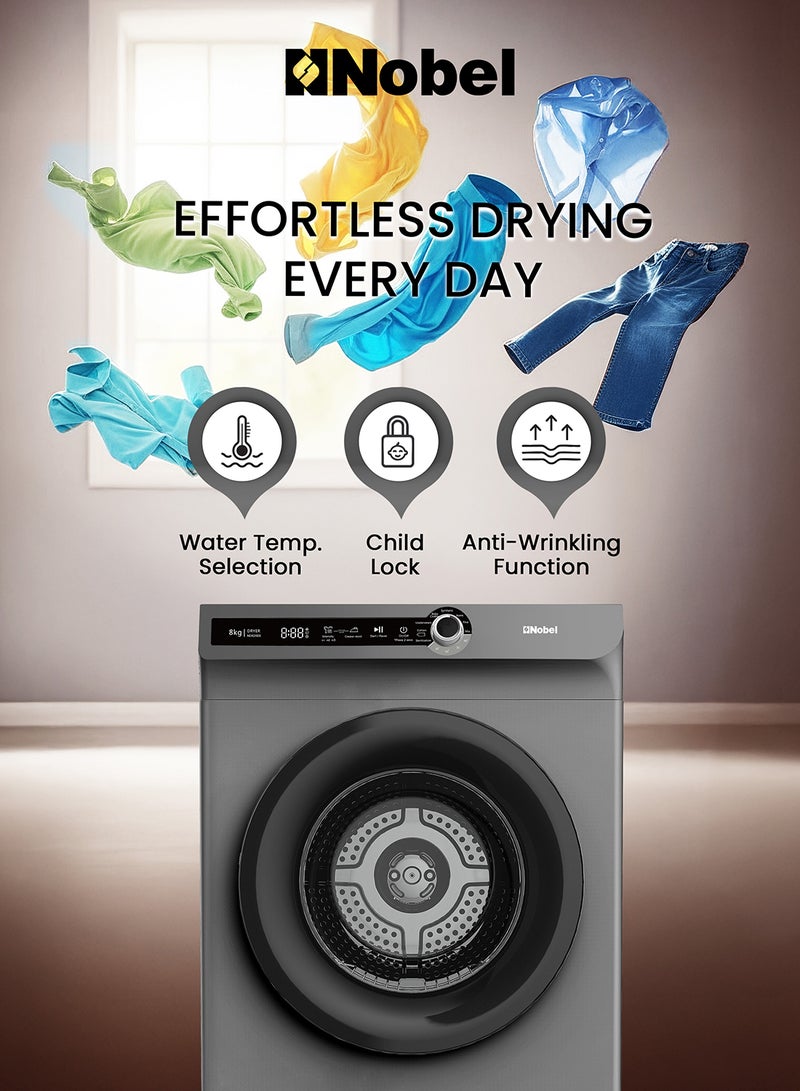 Nobel 8kg Vented Clothes Dryer LED Display, 8 Programs, Water Temperature Selector, Child Lock, Dim Grey – (1 Year Warranty) 8 L 2000 W ND8200S Grey - Image 5