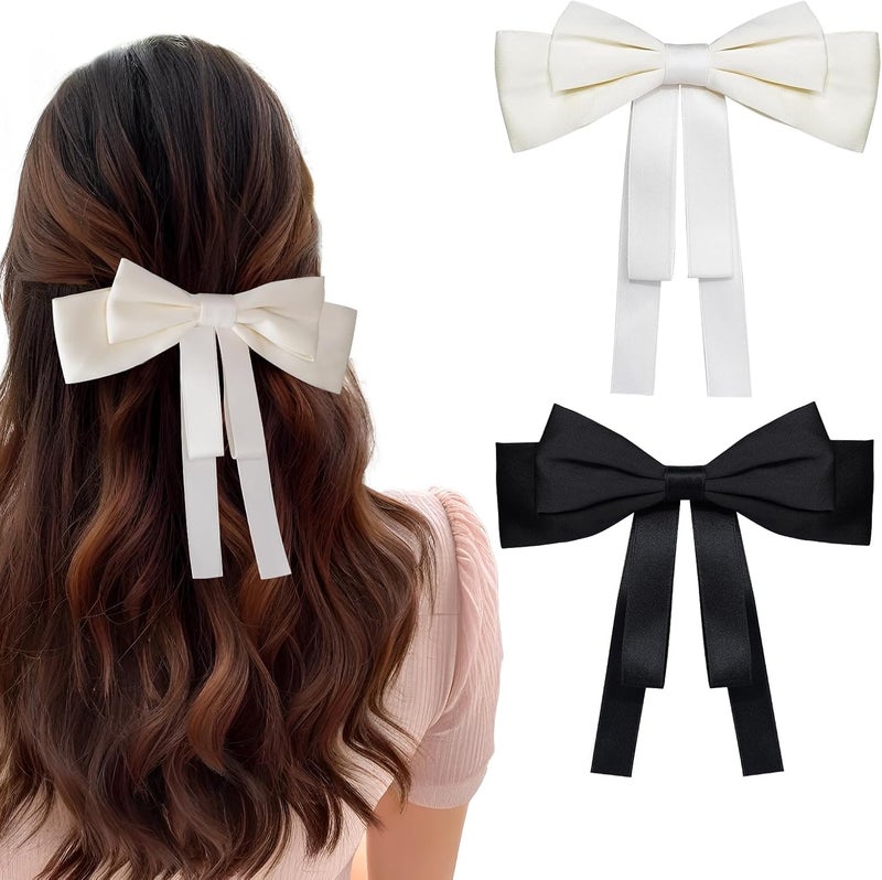 Excefore 2 PCS Hair Bows for Women Silky Satin Clips Black Beige Large Metal & Girls Accessories Aesthetic Ponytail Holder - Image 1