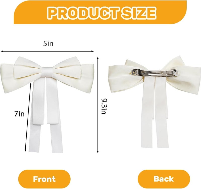 Excefore 2 PCS Hair Bows for Women Silky Satin Clips Black Beige Large Metal & Girls Accessories Aesthetic Ponytail Holder - Image 2