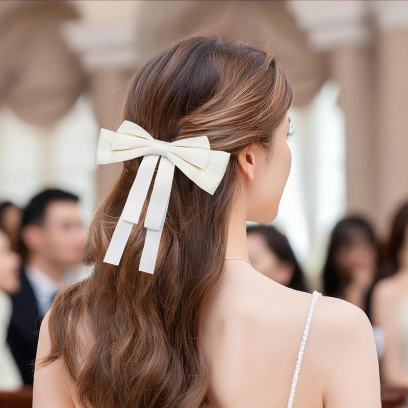 Excefore 2 PCS Hair Bows for Women Silky Satin Clips Black Beige Large Metal & Girls Accessories Aesthetic Ponytail Holder - Image 4
