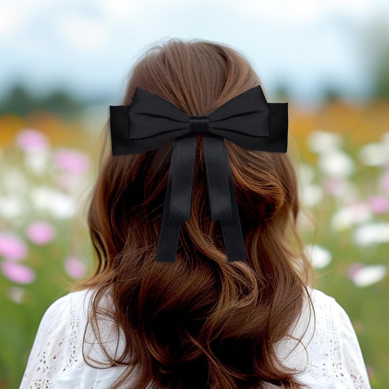 Excefore 2 PCS Hair Bows for Women Silky Satin Clips Black Beige Large Metal & Girls Accessories Aesthetic Ponytail Holder - Image 5