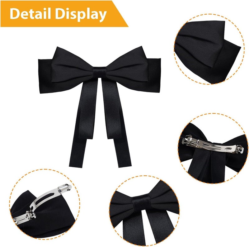 Excefore 2 PCS Hair Bows for Women Silky Satin Clips Black Beige Large Metal & Girls Accessories Aesthetic Ponytail Holder - Image 3
