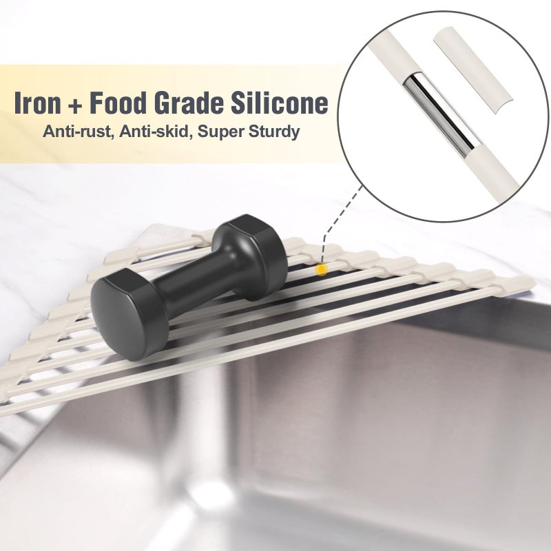 Tomorotec Compact Silicone-Coated Triangle Dish Drying Rack for Sink Corner - Foldable Stainless Steel Over-The-Sink Organizer and Storage Shelf(Cream Color) - Image 3
