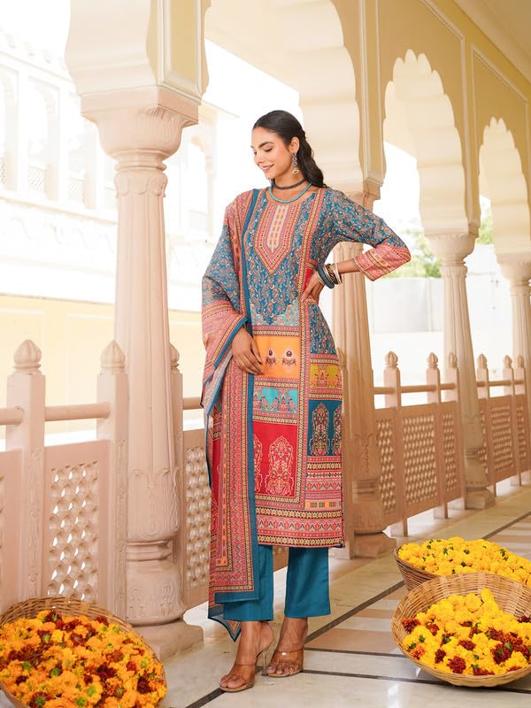 Vaamsi Women's Blue Rayon Printed Straight Kurta Pants With Dupatta Set | Festive Straight Kurta Set For Women | Printed Salwar Suit For Women (SKSKD3060, 3XL) - Image 3