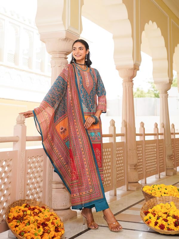 Vaamsi Women's Blue Rayon Printed Straight Kurta Pants With Dupatta Set | Festive Straight Kurta Set For Women | Printed Salwar Suit For Women (SKSKD3060, 3XL) - Image 5