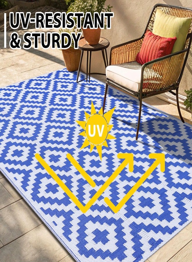 Smiry Waterproof Outdoor Rug 5x8 ft, Reversible Plastic Straw Patio Camping Rugs, Outdoor Indoor RV Mat Carpet for Patio, Outside Entry, Backyard, Deck, Bench, Picnic, Camper, White & Blue - Image 4