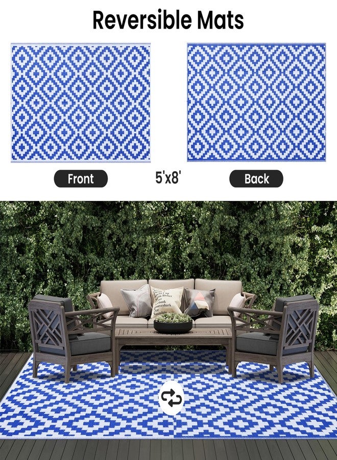 Smiry Waterproof Outdoor Rug 5x8 ft, Reversible Plastic Straw Patio Camping Rugs, Outdoor Indoor RV Mat Carpet for Patio, Outside Entry, Backyard, Deck, Bench, Picnic, Camper, White & Blue - Image 3