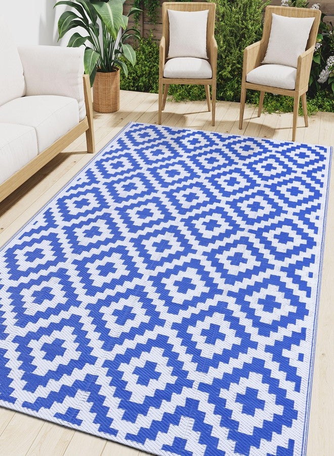 Smiry Waterproof Outdoor Rug 5x8 ft, Reversible Plastic Straw Patio Camping Rugs, Outdoor Indoor RV Mat Carpet for Patio, Outside Entry, Backyard, Deck, Bench, Picnic, Camper, White & Blue - Image 1