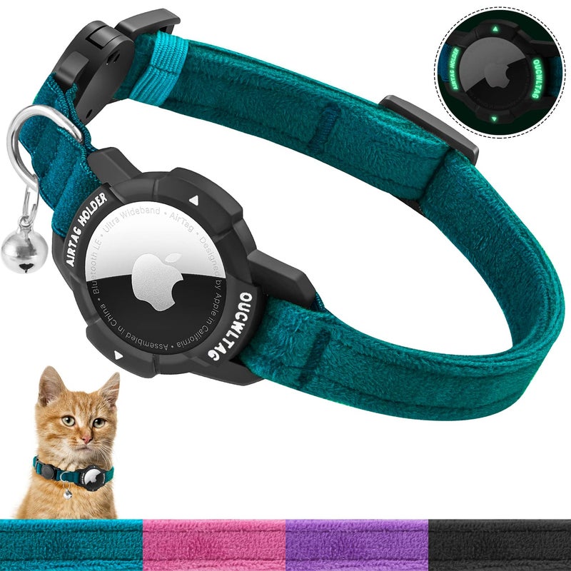 OUCWLTAG Luminous AirTag Cat Collar Breakaway, OUCWLTAG GPS Cat Collar with Apple Air Tag Holder, Cat Tracker Collars with Safety Elastic Band for Girl Boy Cats, Kittens and Puppies (Blue, 9-13 Inch) - Image 1