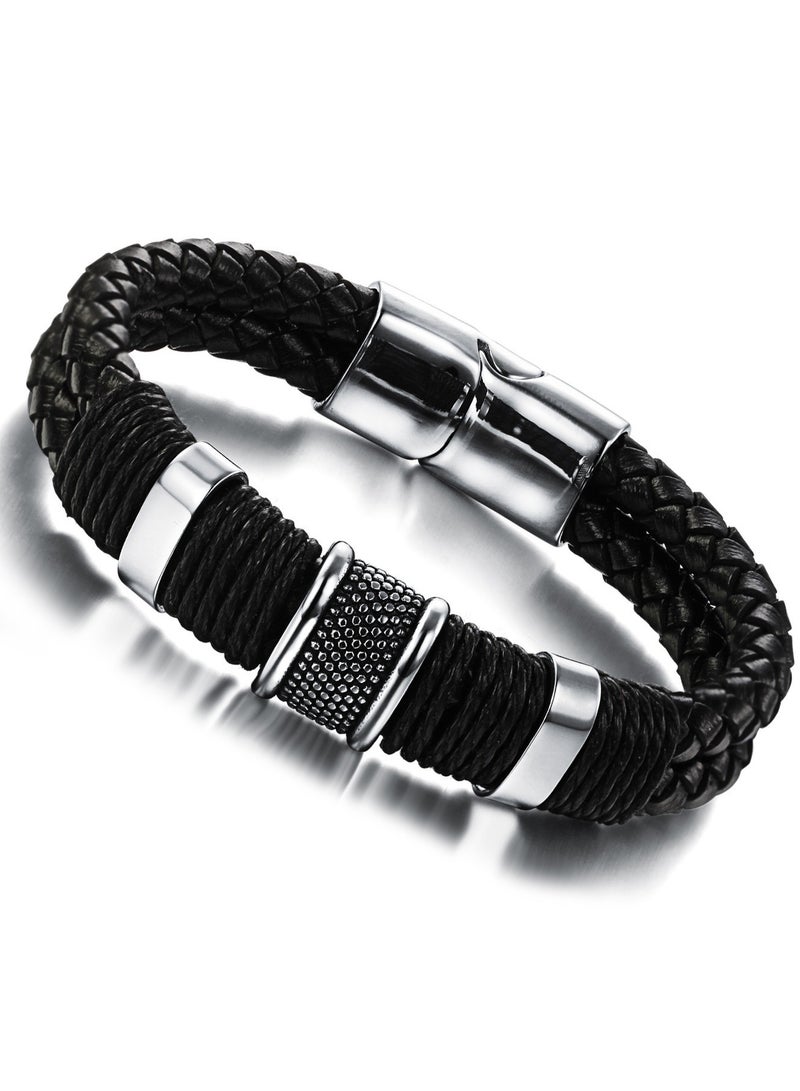 Wisalia Men's Black Leather Bracelet Adjustable Stainless Steel Clasp Minimalist Casual Mens Accessories Gift for Him - Image 2