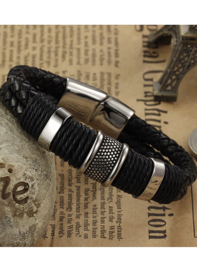 Wisalia Men's Black Leather Bracelet Adjustable Stainless Steel Clasp Minimalist Casual Mens Accessories Gift for Him - Image 3