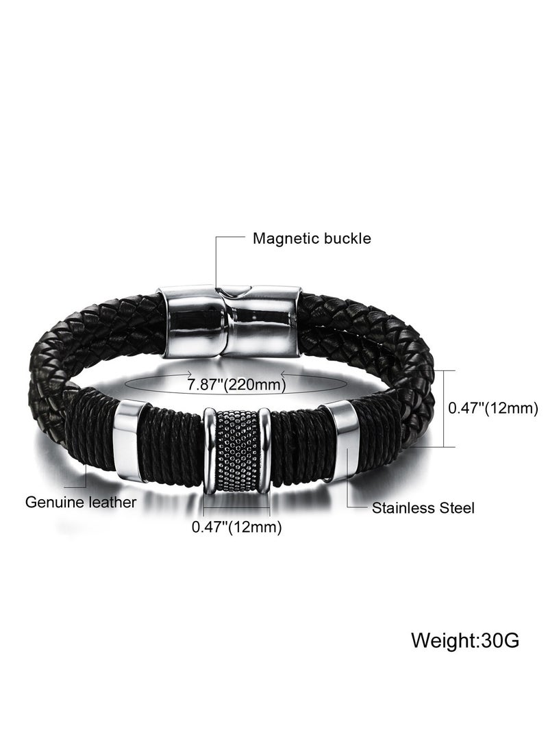 Wisalia Men's Black Leather Bracelet Adjustable Stainless Steel Clasp Minimalist Casual Mens Accessories Gift for Him - Image 4
