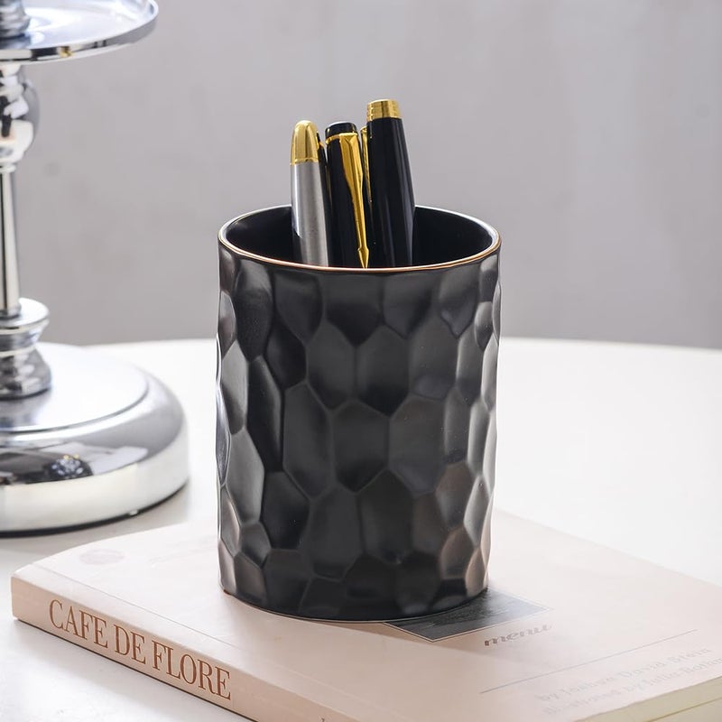 YOSCO Aesthetic Desk Organizer Set of 2 For Office, Ceramic Pen Holder and Paper Clip Holder Dispenser, Cute Pencil Cup Pot for Desk, Desktop Accessories For Women Men, Office Decor Ideal Gifts (Black Set) - Image 4