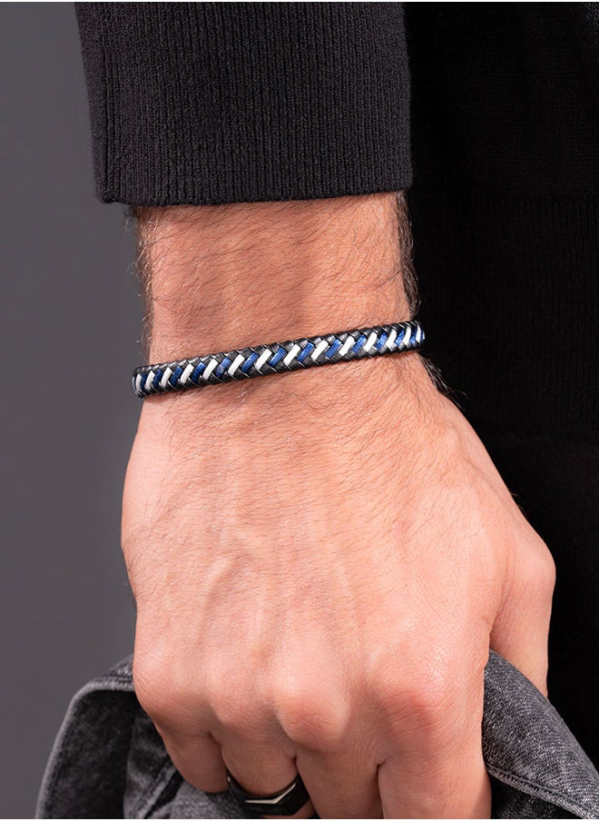 POLICE - Twist Black and Navy Woven Leather With Stainless Steel Motif Gents BraceletPEAGB0034001 - Image 1