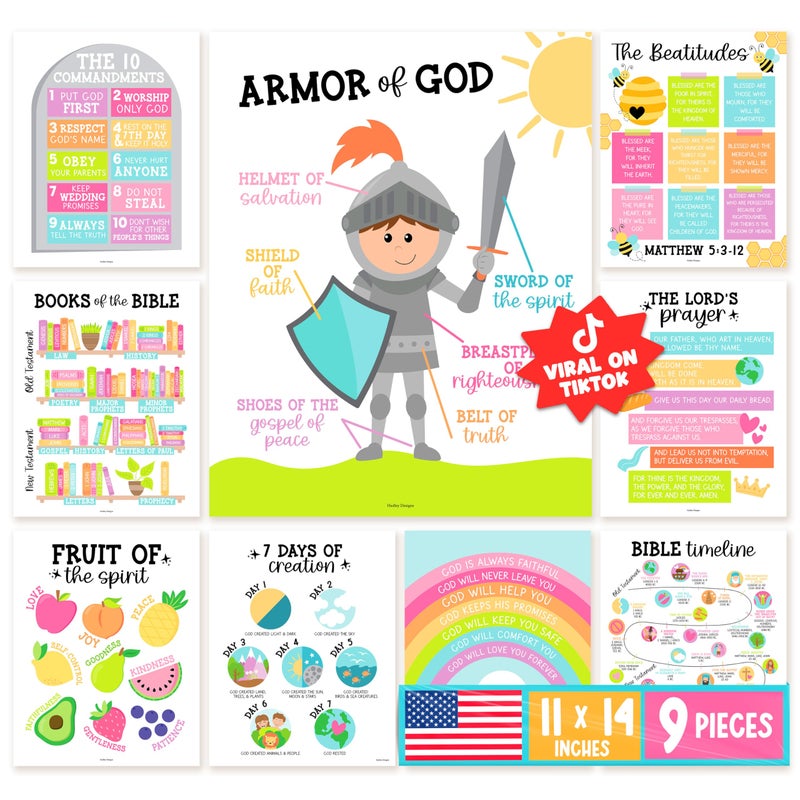 Hadley Designs Sunday School Decorations for Classroom â€“ 9 Bible Posters for Kids, 11x14in Books of the Bible Poster, 10 Commandments, Fruits of the Spirit & More â€“ Pastel Christian Classroom Decor - Image 1