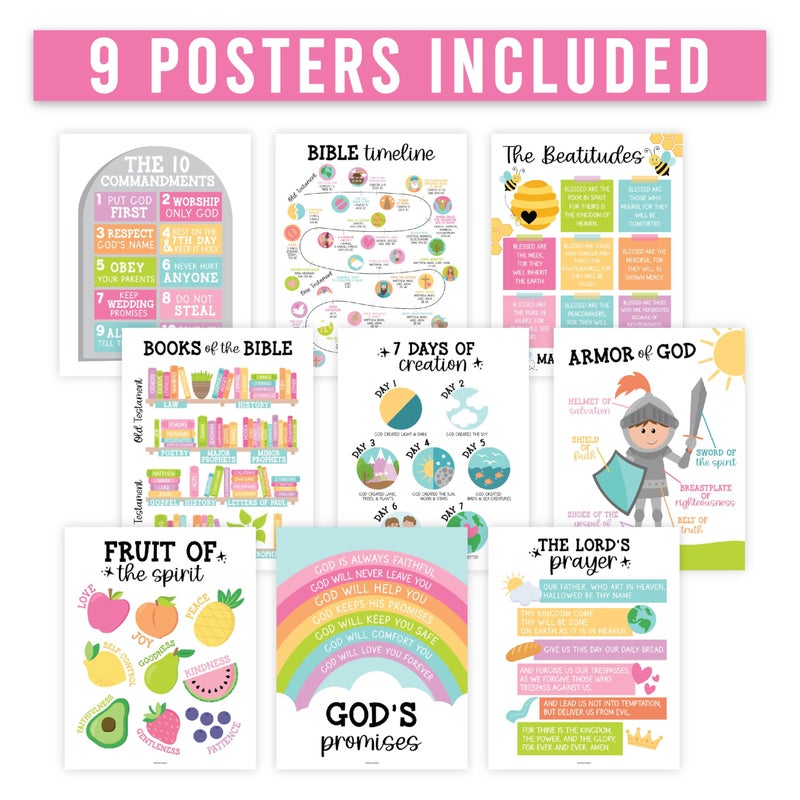 Hadley Designs Sunday School Decorations for Classroom â€“ 9 Bible Posters for Kids, 11x14in Books of the Bible Poster, 10 Commandments, Fruits of the Spirit & More â€“ Pastel Christian Classroom Decor - Image 4