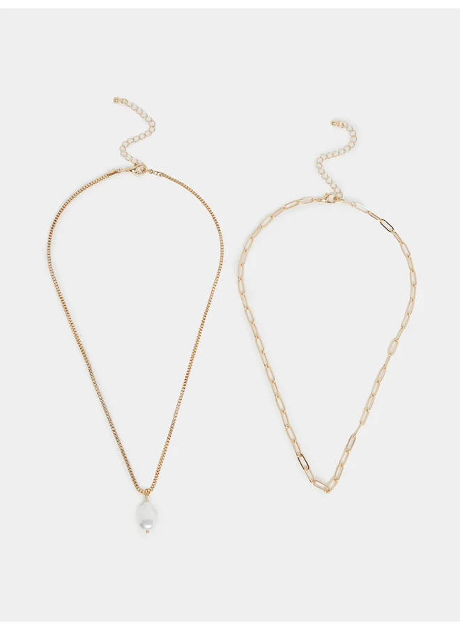 ستايلي Styli Set of 2 - Faux Pearl Drop and Link Necklace
