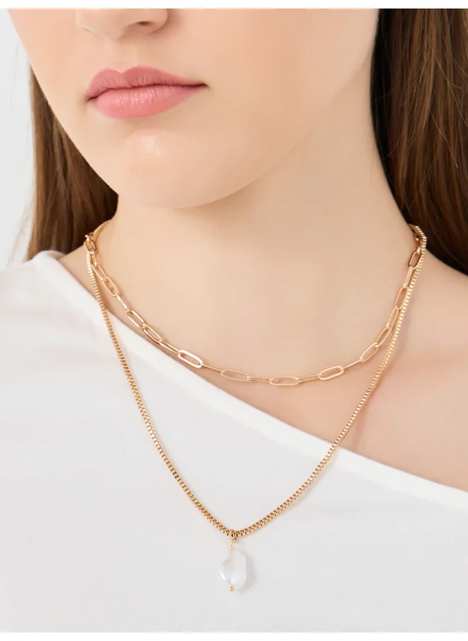 ستايلي Styli Set of 2 - Faux Pearl Drop and Link Necklace