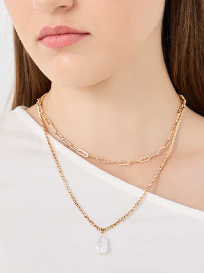 Styli Styli Set of 2 - Faux Pearl Drop and Link Necklace - Image 1