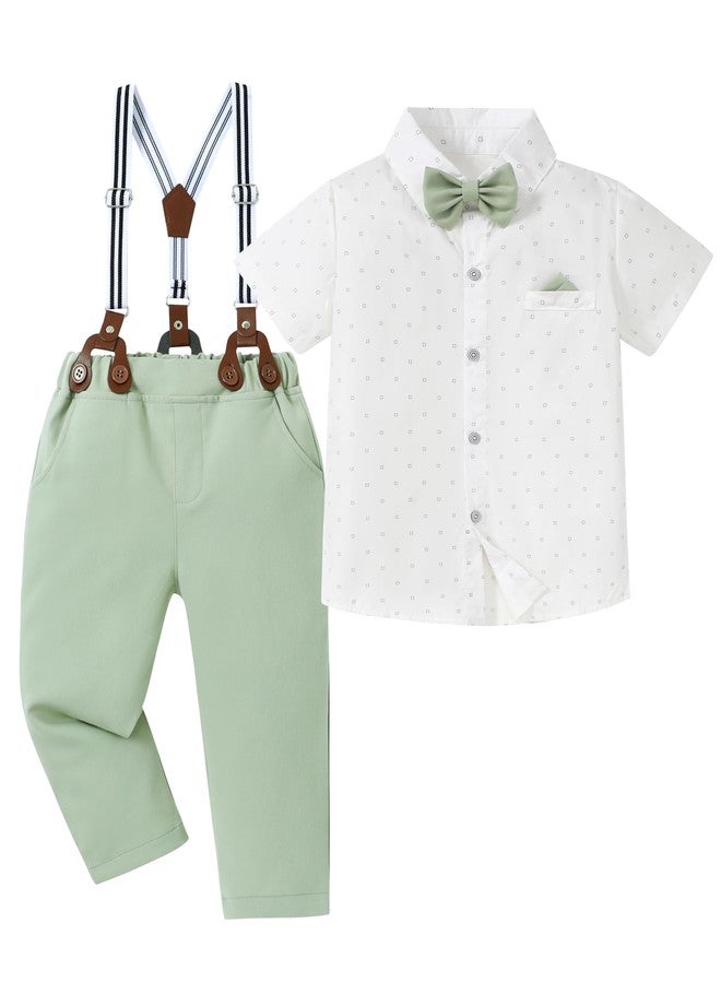 nilikastta Boys Wedding Outfit Toddler Boy Formal Outfit Green Short Dress Shirt With Bowtie/Suspender Pants 3-4T. - Image 1
