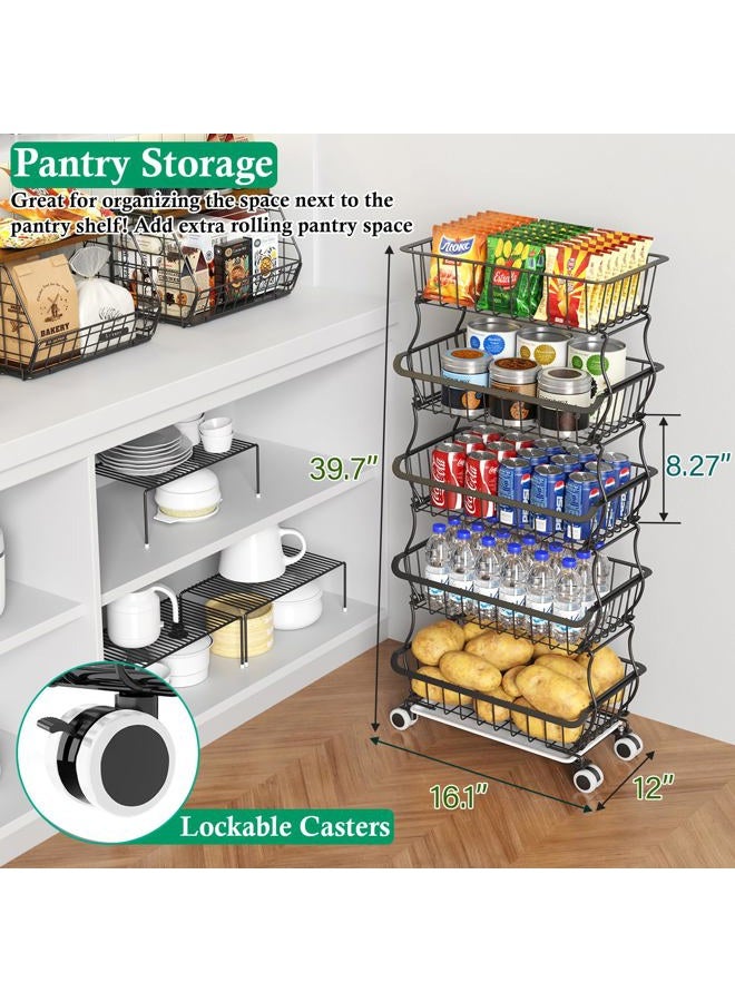 OKZEST 5 Tier Fruit Vegetable Baskets Rack, Kitchen Metal Wire Storage Organizer Baskets Produce Bin Storage Rack Shelf with Lockable Casters, Stackable Vegetable Storage bins Rolling Utility Ca - Image 2