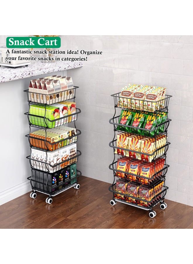 OKZEST 5 Tier Fruit Vegetable Baskets Rack, Kitchen Metal Wire Storage Organizer Baskets Produce Bin Storage Rack Shelf with Lockable Casters, Stackable Vegetable Storage bins Rolling Utility Ca - Image 4