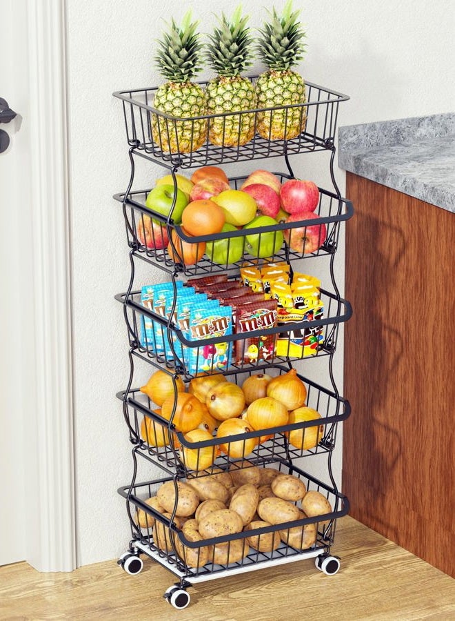 OKZEST 5 Tier Fruit Vegetable Baskets Rack, Kitchen Metal Wire Storage Organizer Baskets Produce Bin Storage Rack Shelf with Lockable Casters, Stackable Vegetable Storage bins Rolling Utility Ca - Image 1