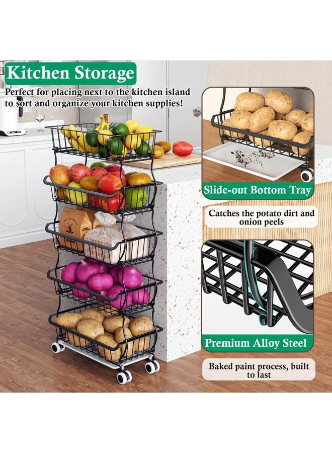 OKZEST 5 Tier Fruit Vegetable Baskets Rack, Kitchen Metal Wire Storage Organizer Baskets Produce Bin Storage Rack Shelf with Lockable Casters, Stackable Vegetable Storage bins Rolling Utility Ca - Image 3