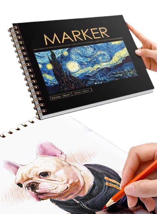 دفتر رسم فني A4 غلاف مقوى، دفتر رسم حلزوني، ورق فني خالٍ من الأحماض، دفتر رسم سميك، ملحقات تعليمية للأطفال، مناسب للمذكرات، الرسم، الرسم، التلوين/60 ورقة - Image 1