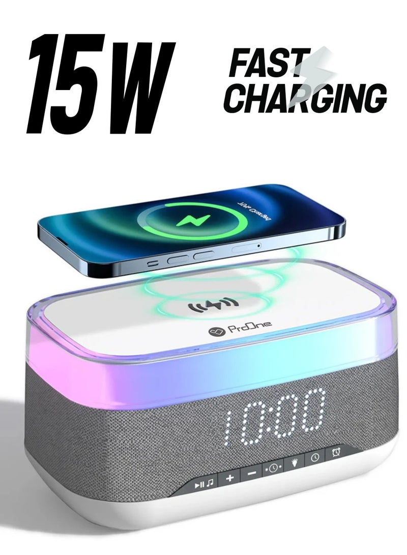 ProOne ProOne PGM202 Wireless LED Speaker with 15W Wireless Charger, Digital Clock, Alarm Clock, FM Radio, and LED Light – Bluetooth V5.3 for Home & Office  - Image 1
