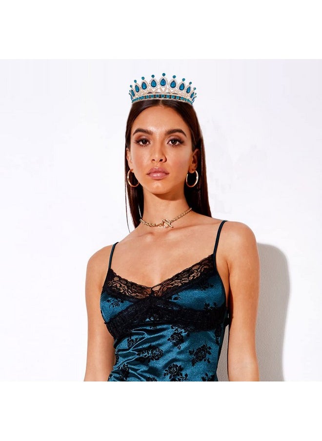 Vofler - Tiara For Women Gold Crown W/Teal Blue Crystal Royal Queen Rhinestone Headpiece Headband For Princess Girls Kids Bridal Birthday Wedding Pageant Prom Homecoming Halloween Costume Party - Image 1