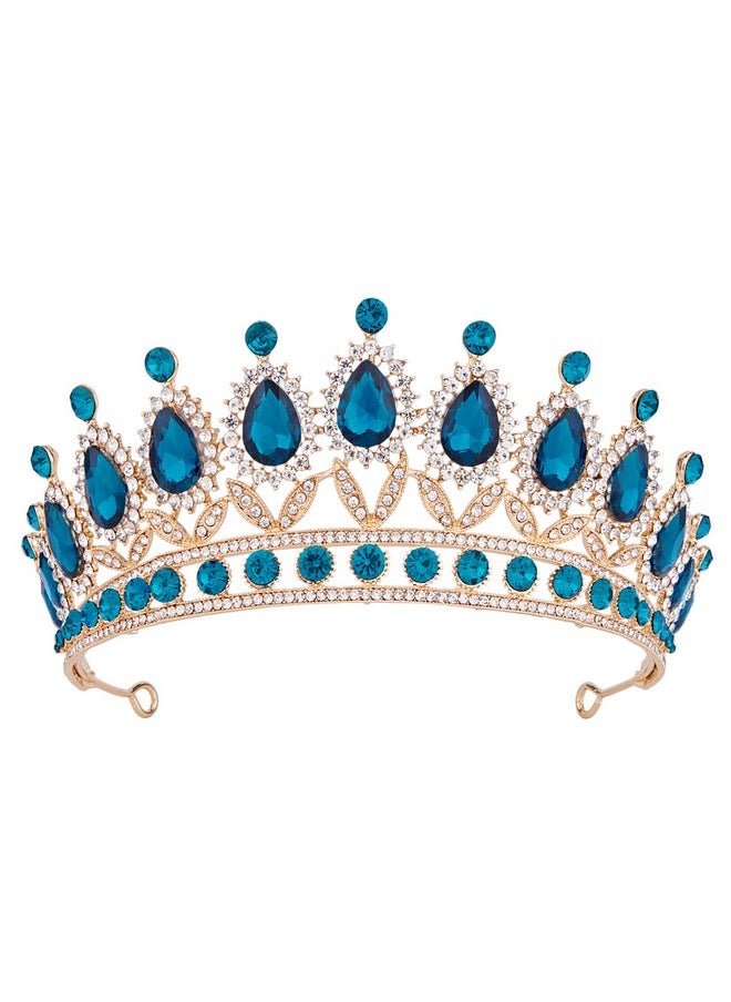 Vofler - Tiara For Women Gold Crown W/Teal Blue Crystal Royal Queen Rhinestone Headpiece Headband For Princess Girls Kids Bridal Birthday Wedding Pageant Prom Homecoming Halloween Costume Party - Image 1